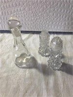 Glass salt and pepper shakers, clear decanter.