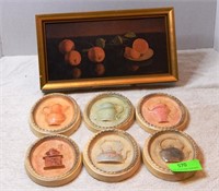 Six ceramic kitchen plaques, framed orange print