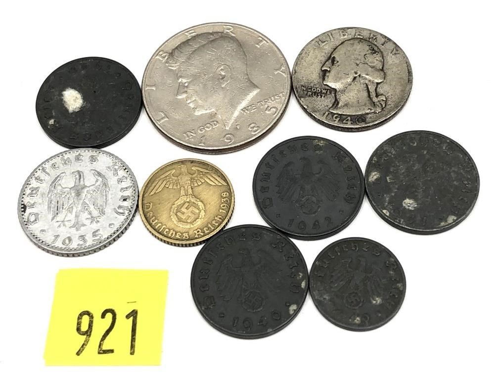 Lot, US and German coins with silver, 9 pcs.