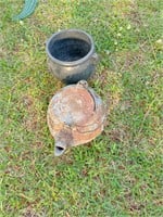 vintage iron tea kettle w/ lid & ceramic kettle