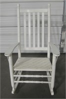 Vtg White Wood Rocking Chair w/ Woven Seat