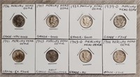 (8) 1936-1944 Mercury Head Dimes