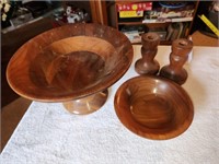 Vintage Wood Pedestal Compote, 2 Candle Holders &