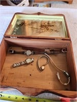 4 Lady's Wrist Watches in Wood Dresser Box