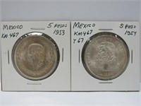 1953, 1954 Mexico 5 Pesos silver