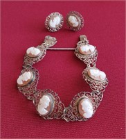 Vintage Italian 800 Silver Cameo Bracelet Earrings
