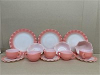 Pink ruffled edge plates cream sugar cups and