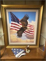 Framed Bald Eagle w/Flag by Tom Mansanarez etc