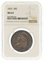 1833 US CAPPED BUST 50C SILVER COIN NGC MS62