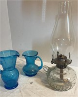Oil Lamp & Blue Vases