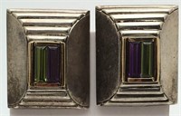 Sterling Clip Earrings W Green & Purple Stones