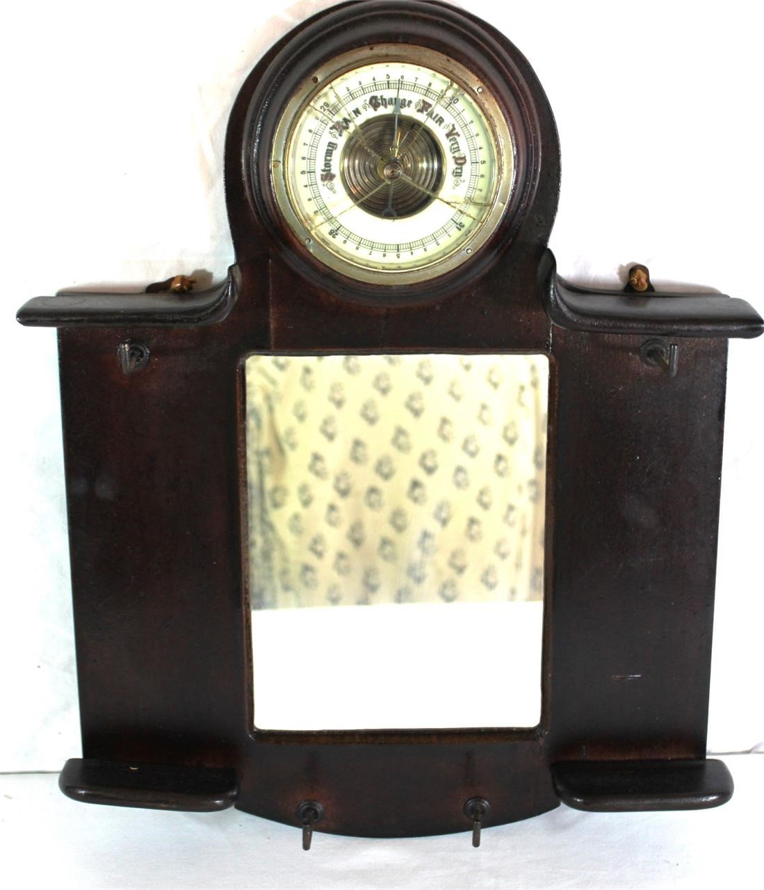 Vintage Wall Mount Hat Mirror W/Barometer