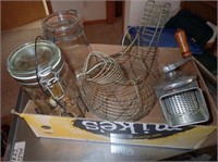 Wire Bird, 2 Antique Jars w/Glass Tops &