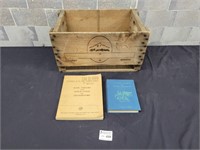 Vintage wood crate and two books