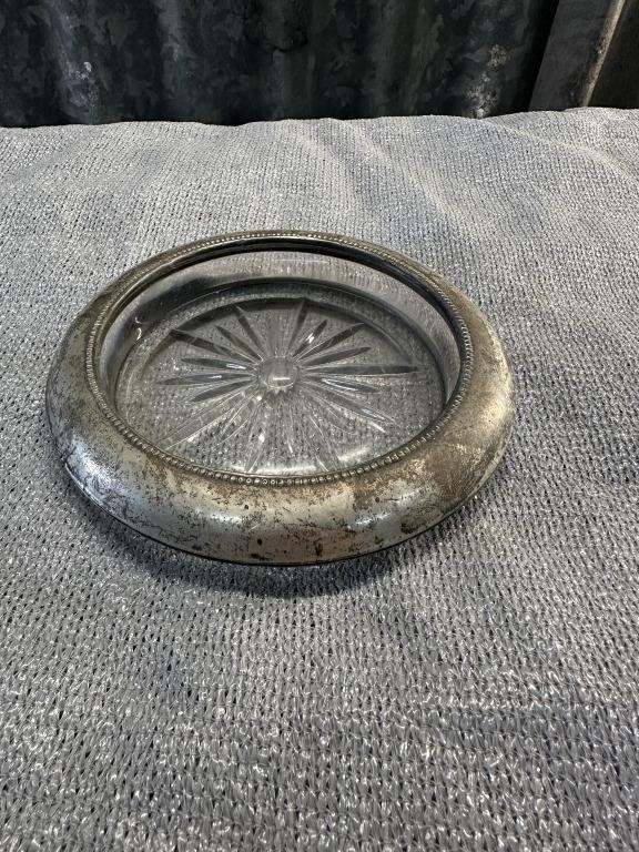 Glass and silver plate ash tray