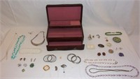 Wooden jewelry box w/ costume contents.