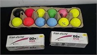 6 new white golf balls and 12 colored golf balls