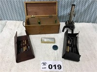 Microscope in wooden box, tool sets (2) and pill