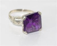 Large silver and square amethyst ring