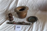 MISC BOX LOT - BRASS PLATE, PAPER WEIGHT, DOOR KNO