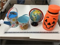 2 tin buckets, globe, and plastic Halloween