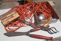 Extension cords, forge tool, pen set, misc