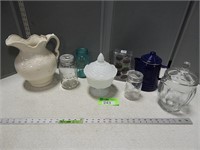 Pitcher, candy dish, antique canning jars, shower