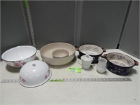 Cream & sugar, 2 casserole dishes, and assorted b