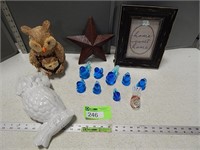 Owl décor, glass birds; some are signed, wooden st