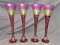 4 Romanian Style Hand Painted Stemmed Glasses