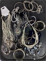 Tray Lot Of Silver Tone Costume Jewelry