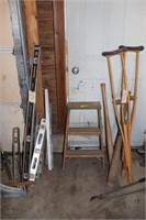 Wooden Crutches, baseball bats, & Levels
