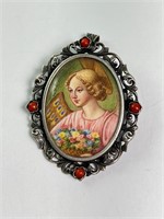 Vintage 800 Silver Coral Signed Hand Painted Pin