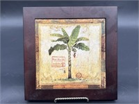 Wooden Plaque w/ Tropical Stamp Image, Wall Decor