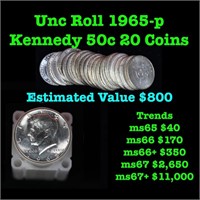 Full roll 1965-p Silver Clad Kennedy 50c, 20 Coins