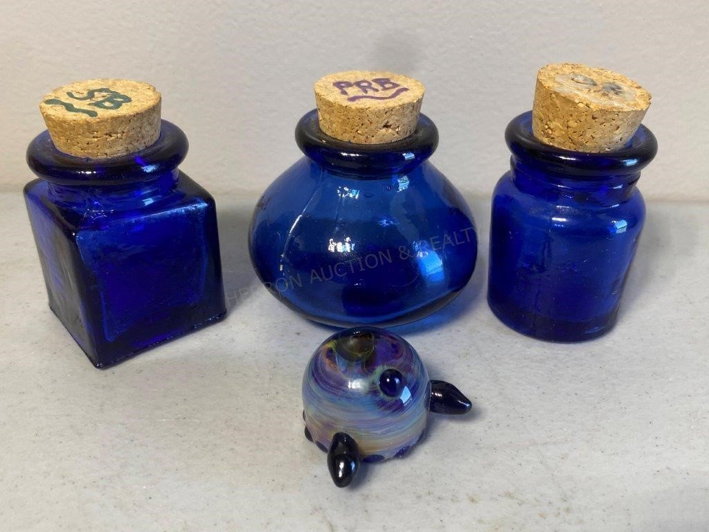 3 Cobalt Blue Bottles & Art Glass Figurine