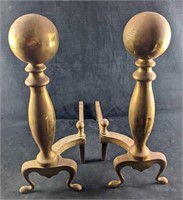 Vintage Brass Cannonball Fireplace Andirons