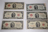 6-US RED SEAL $2.00 BANK NOTES !