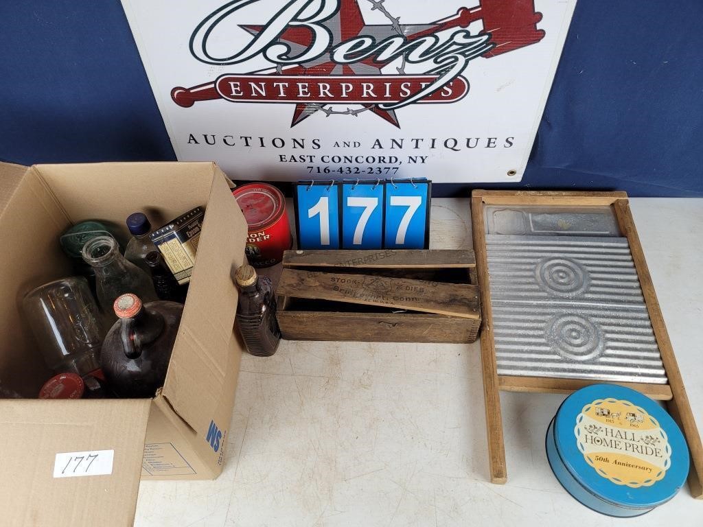 TINS, MILK BOTTLES , WASHBOARD - NO SHIPPING