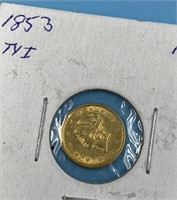 1853 Type I AU US gold $1 coin                  (O