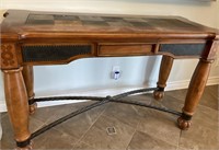 Large Wood Side Table w Tile Top & Iron Accents