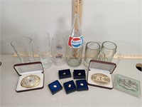 Beer glasses, Eaton badges and buckle, Pepsi