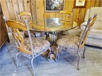 WROUGHT IRON/WOOD TABLE; BEVELED GLASS TOP,