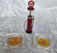 Mini Gas Pump & Two Glass Advertising Ashtrays