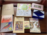 Box lot of books and lead stained glass trinket