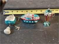 3 vtg Mercury glass ornament ship,clock & teapot