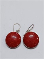 Red Coral Marked 925 Earrings- 8.6g w/ Stone
