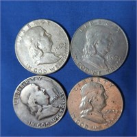 4 Franklin Half Dollars-1951-S, 1960, 1962-D, 1963