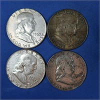 4 Franklin Half Dollars-1948, 1953-D, 1962,1963