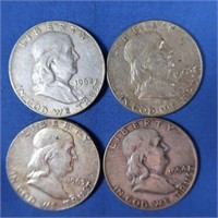 4 Franklin Half Dollars-1954-D,1962-D,(2)-1963